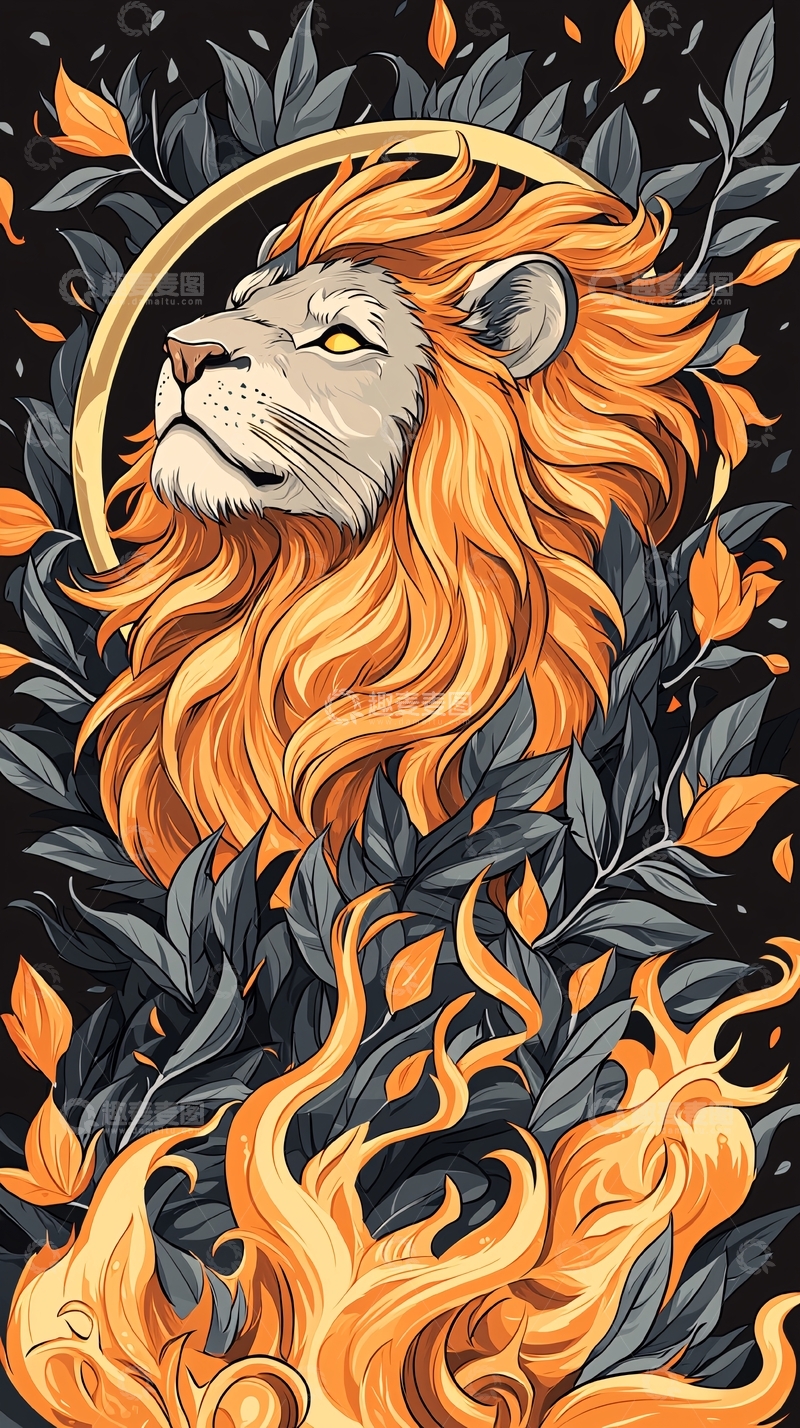 高清大图下载【趣麦麦图】雄狮火焰花卉的艺术绘画