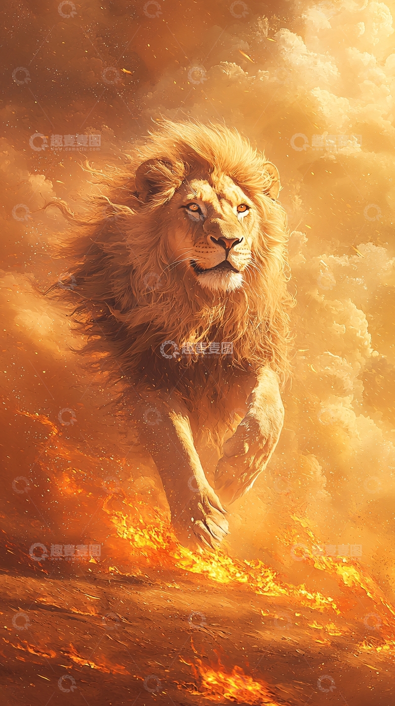 高清大图下载【趣麦麦图】雄狮在火焰云雾中行走