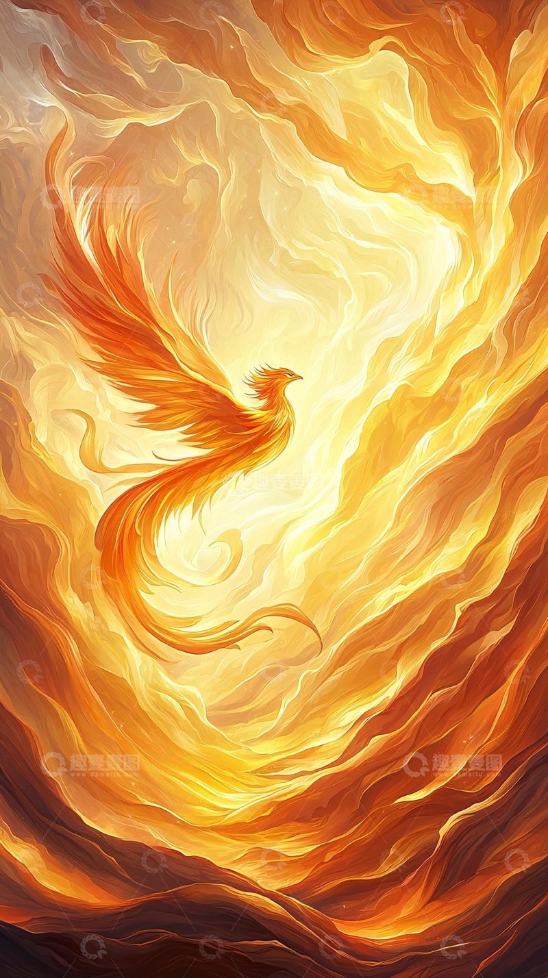 高清大图下载【趣麦麦图】火红凤凰在金色云雾中