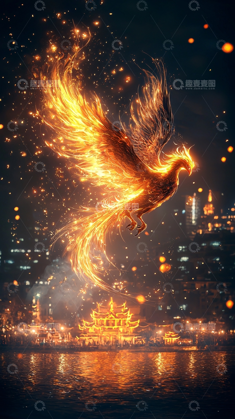 高清大图下载【趣麦麦图】火焰凤凰展翅夜空