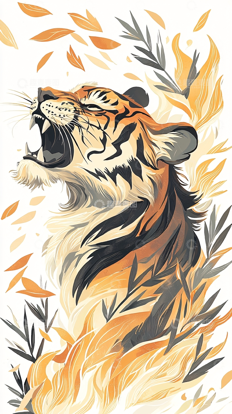 高清大图下载【趣麦麦图】咆哮的老虎水彩风格