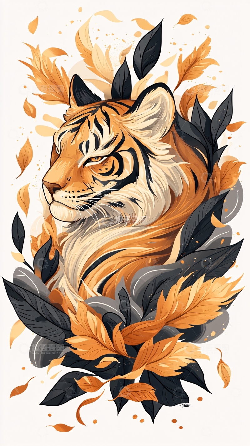高清大图下载【趣麦麦图】虎头画像周围有叶片