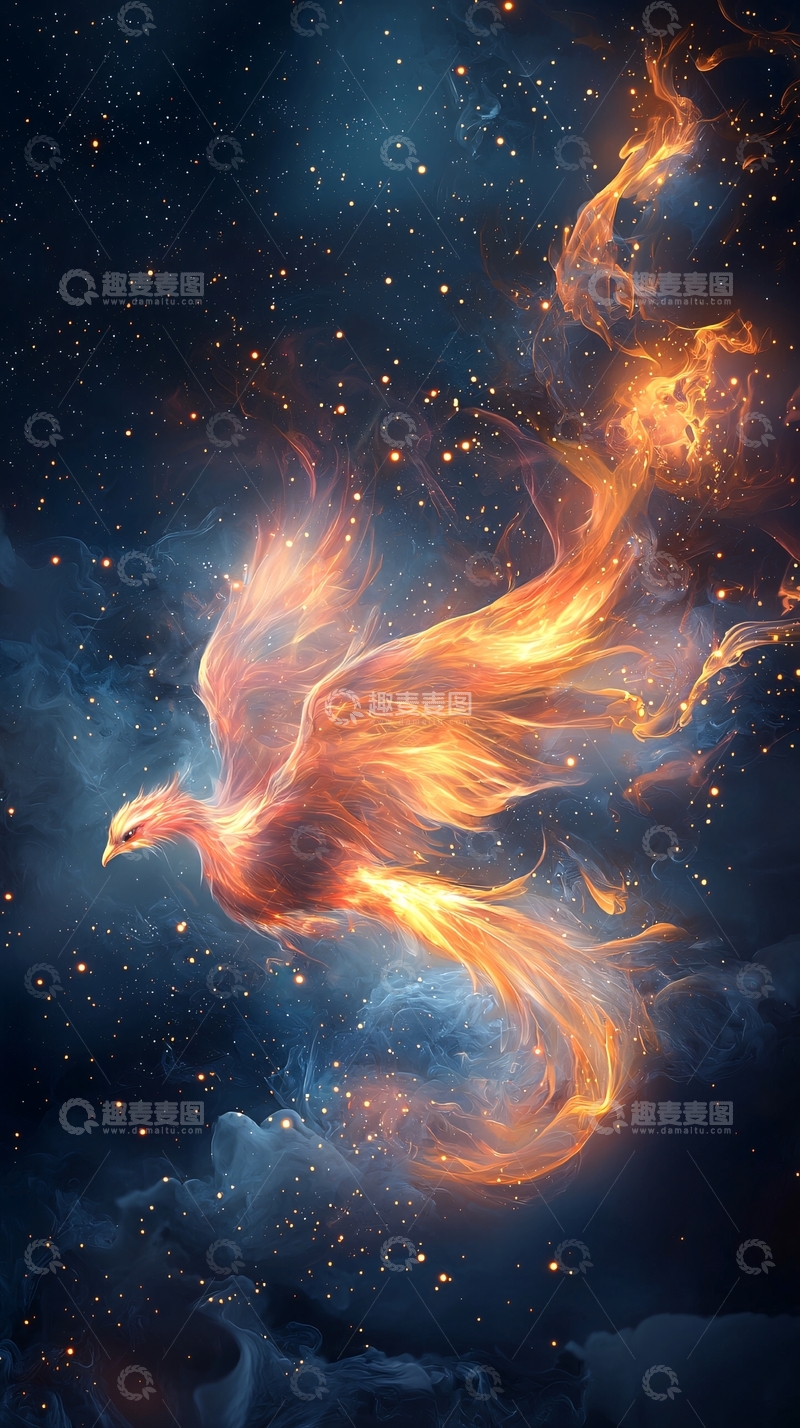 高清大图下载【趣麦麦图】火焰凤凰在星空中飞翔