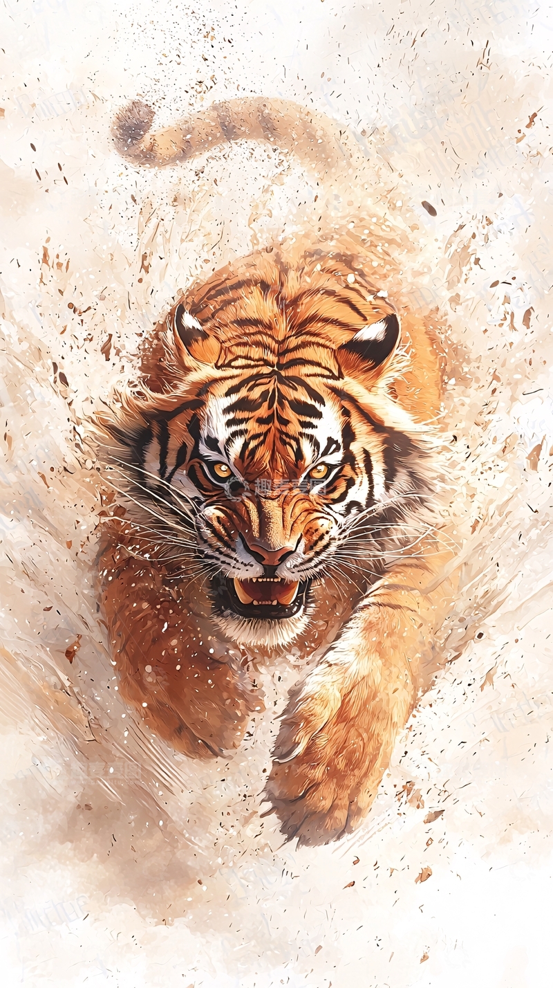 高清大图下载【趣麦麦图】奔跑的老虎水彩画风