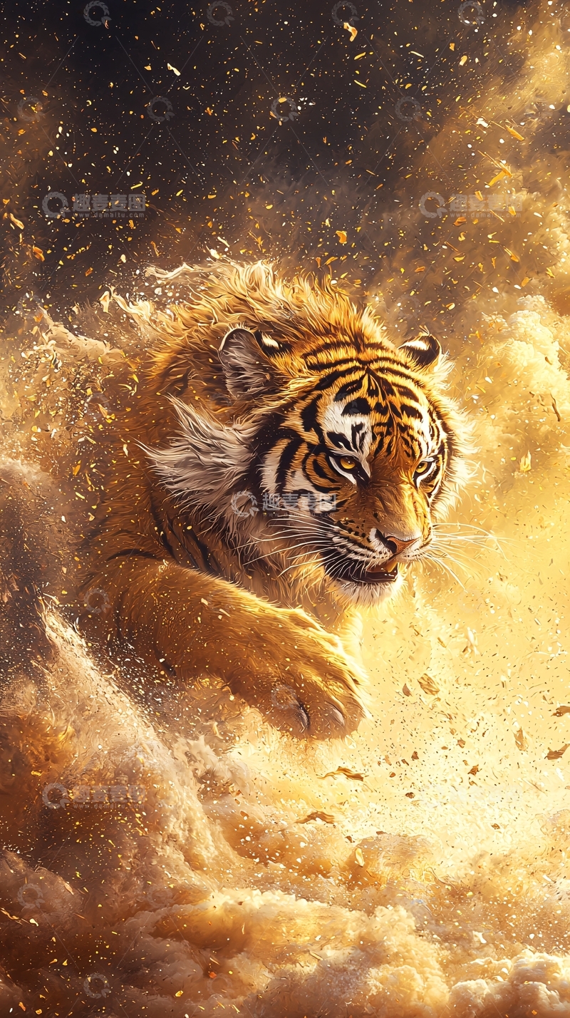 高清大图下载【趣麦麦图】金色光芒中奔跑的老虎