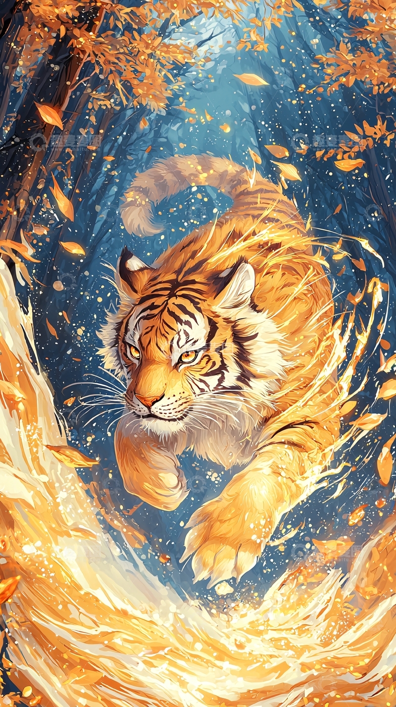 高清大图下载【趣麦麦图】奔跑中的火焰老虎