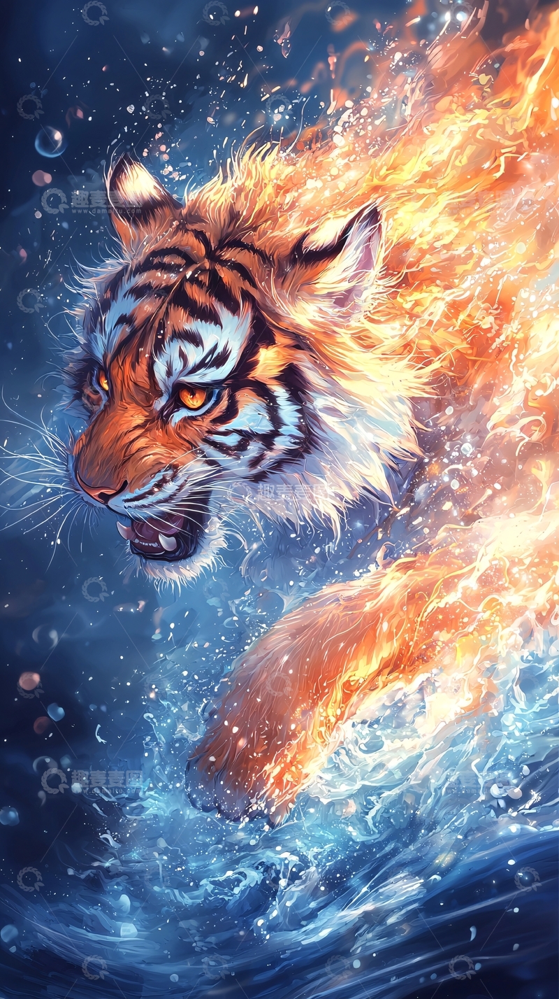 高清大图下载【趣麦麦图】燃烧的火焰虎咆哮