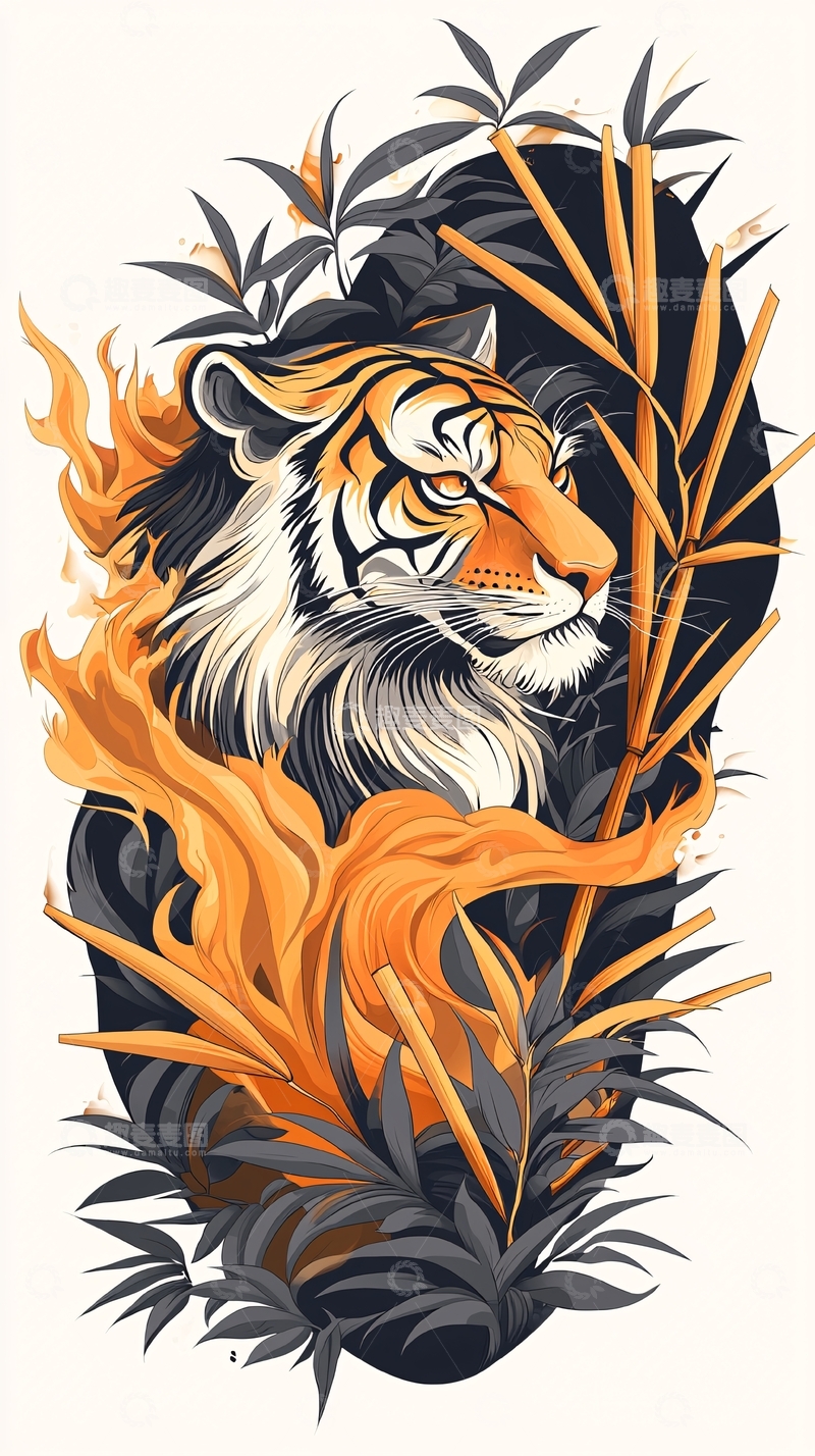 高清大图下载【趣麦麦图】老虎与火焰竹林