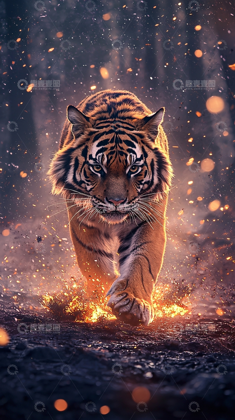 高清大图下载【趣麦麦图】威猛老虎火焰背景