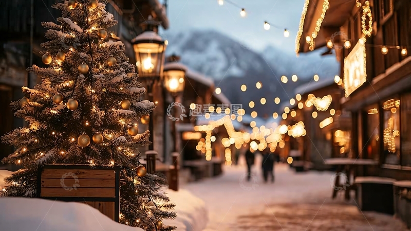 高清大图下载【趣麦麦图】温馨雪夜小镇圣诞节装饰