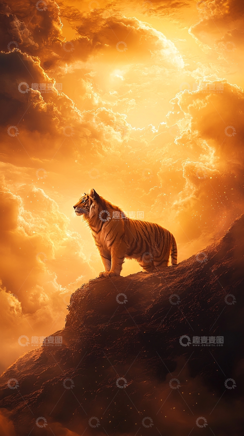高清大图下载【趣麦麦图】金色天空下的老虎