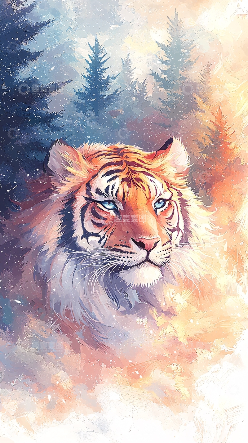 高清大图下载【趣麦麦图】老虎在雪地森林里的画像