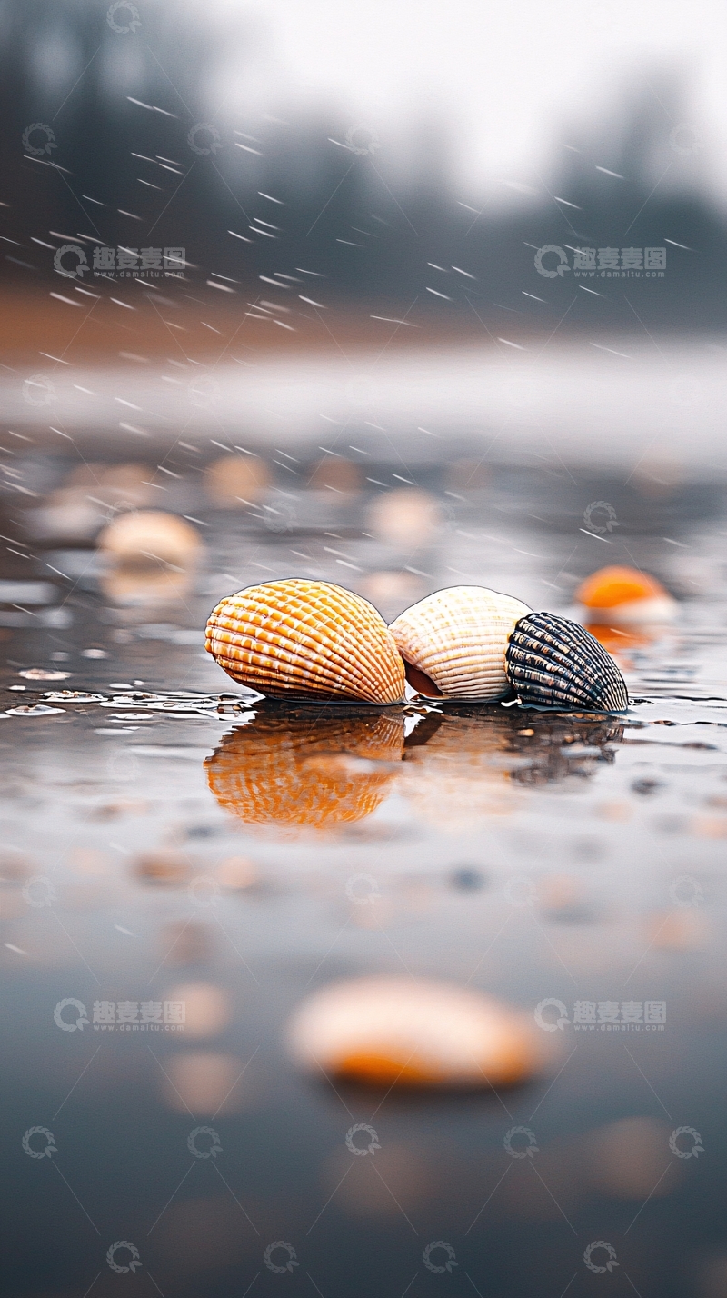 高清大图下载【趣麦麦图】雨中海滩贝壳特写