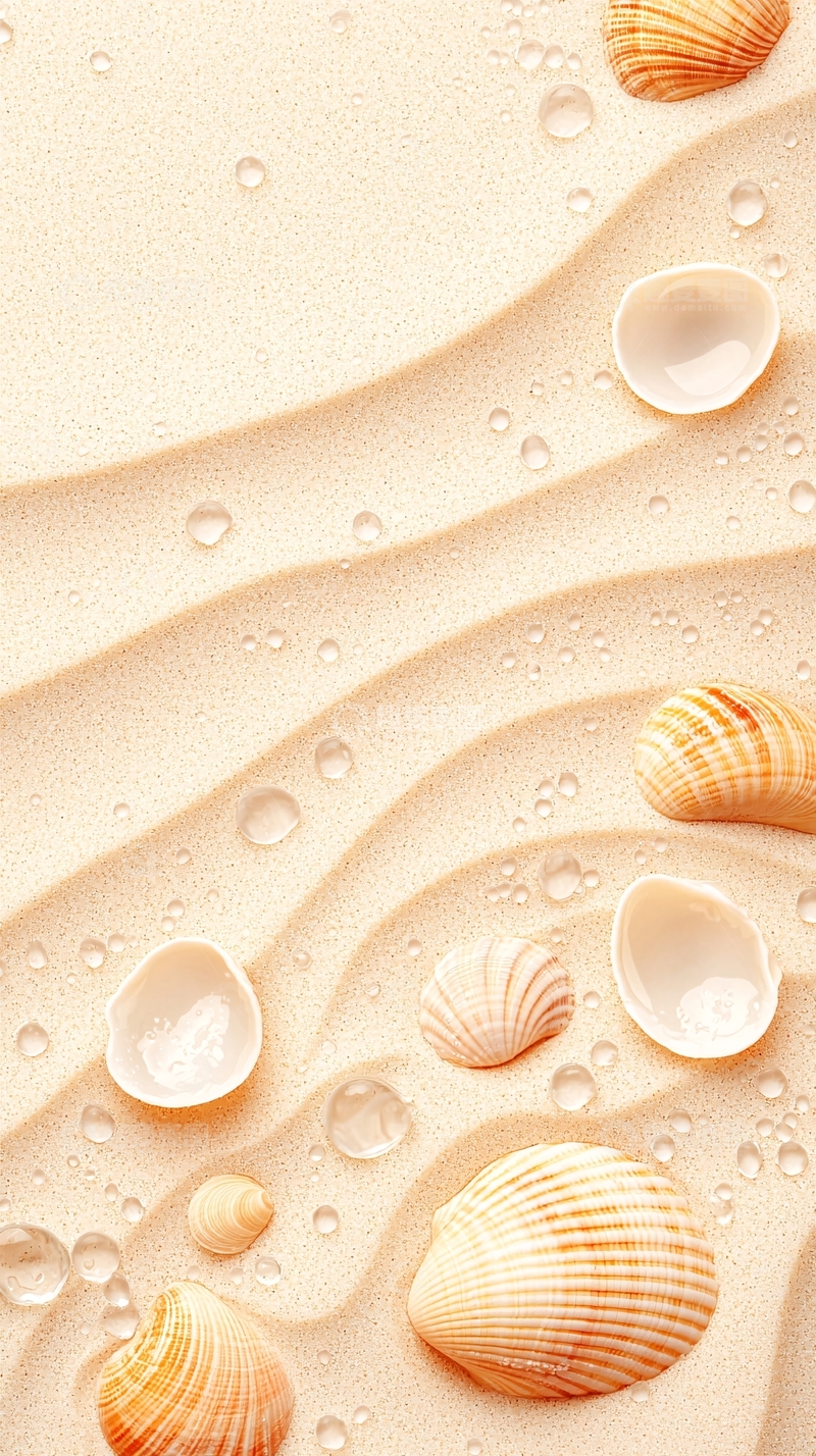 高清大图下载【趣麦麦图】沙滩上的贝壳与水珠