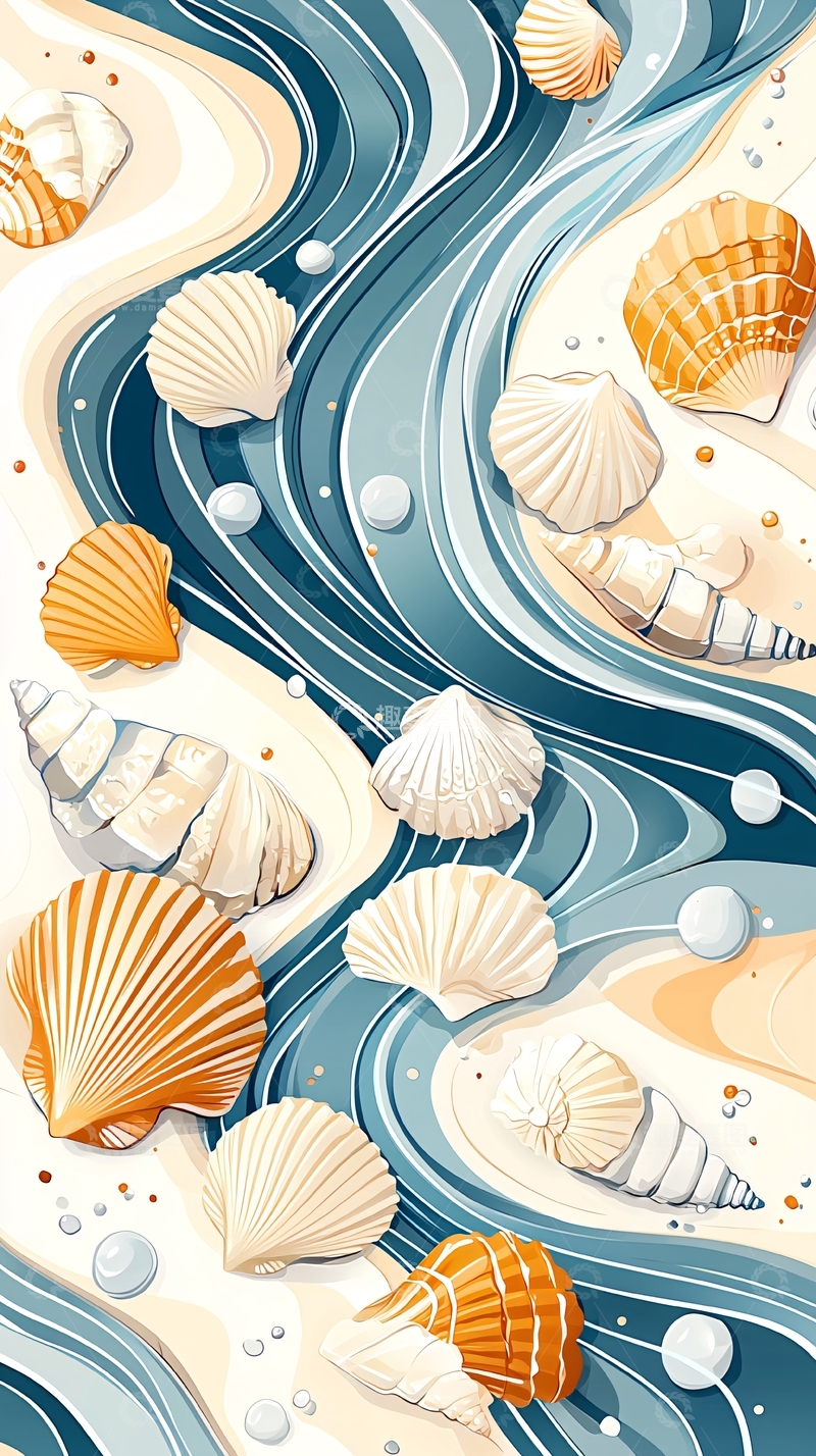 高清大图下载【趣麦麦图】海滩水流贝壳组合