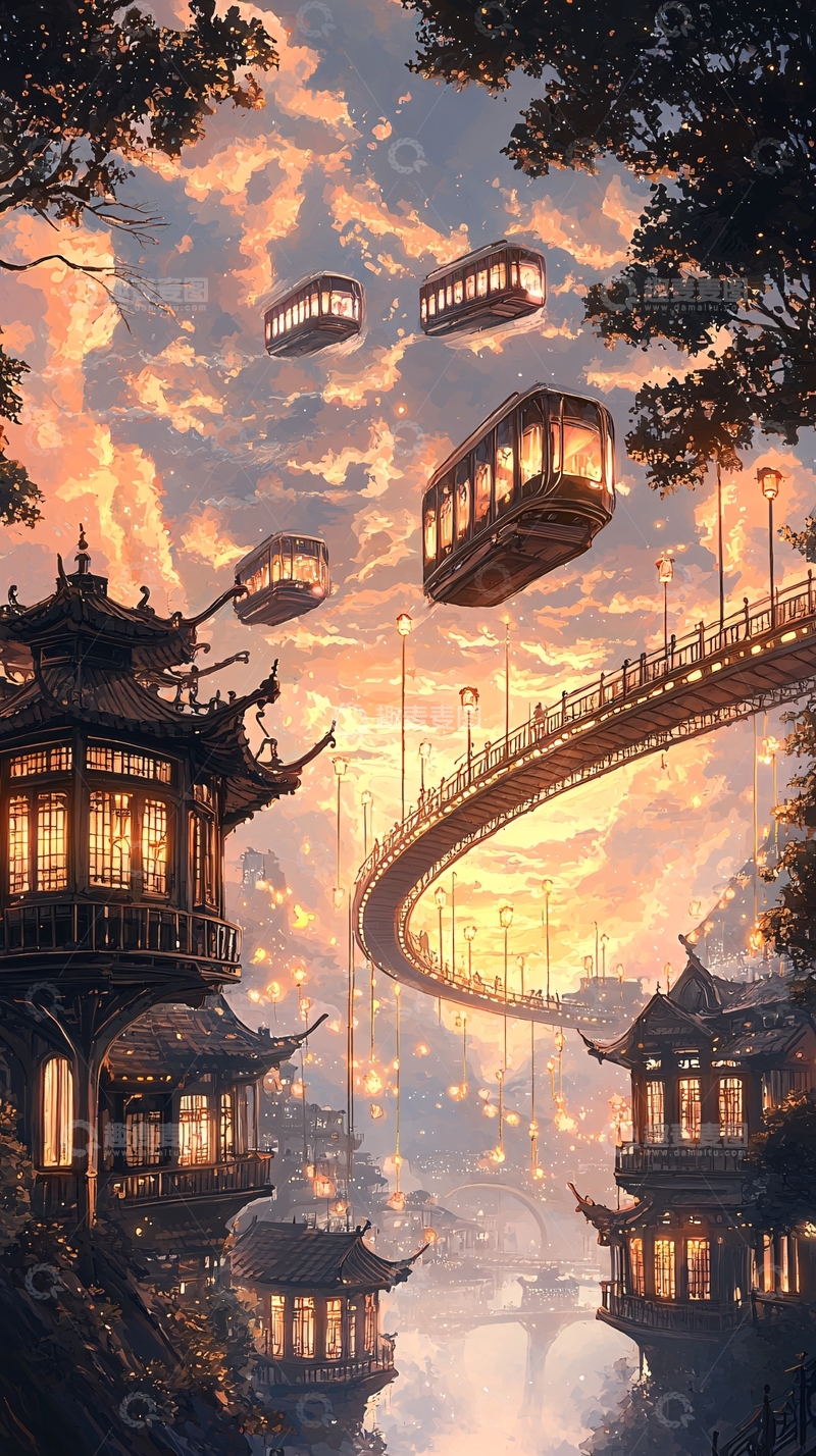 高清大图下载【趣麦麦图】悬浮城市与飞车奇幻场景