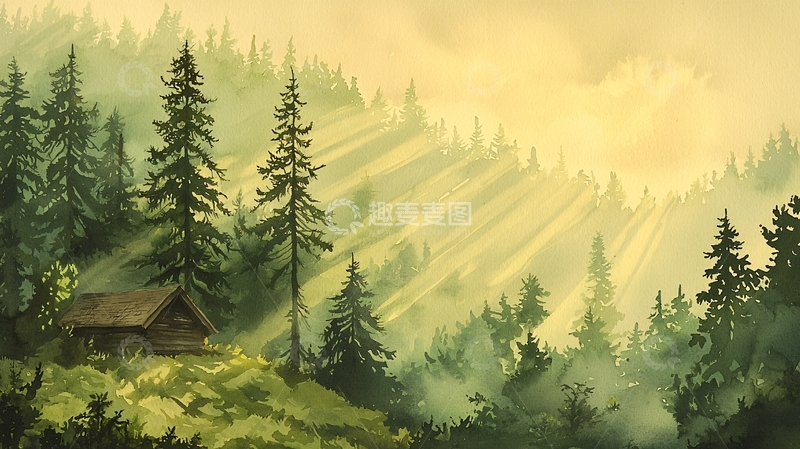 高清大图下载【趣麦麦图】阳光穿过森林小屋