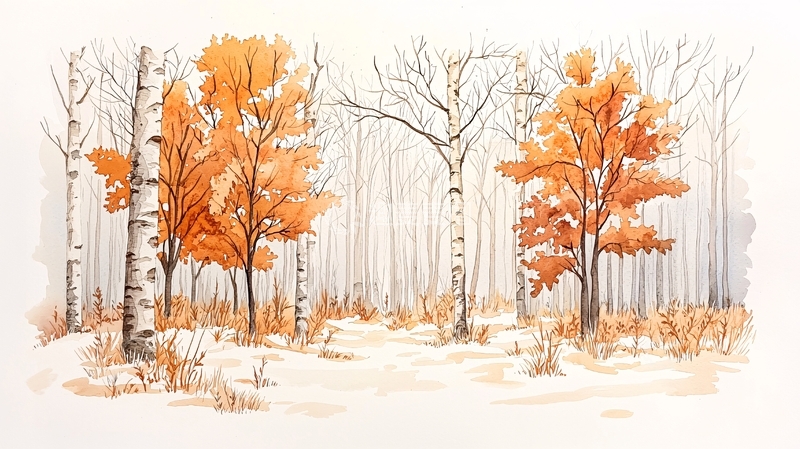 高清大图下载【趣麦麦图】秋日白桦林水彩画