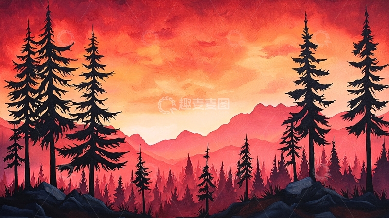 高清大图下载【趣麦麦图】红色天空下的针叶林