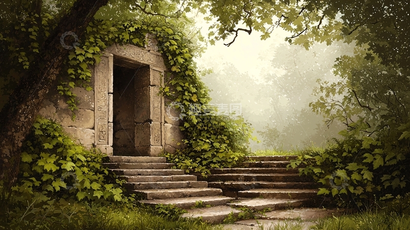 高清大图下载【趣麦麦图】森林中的神秘石门