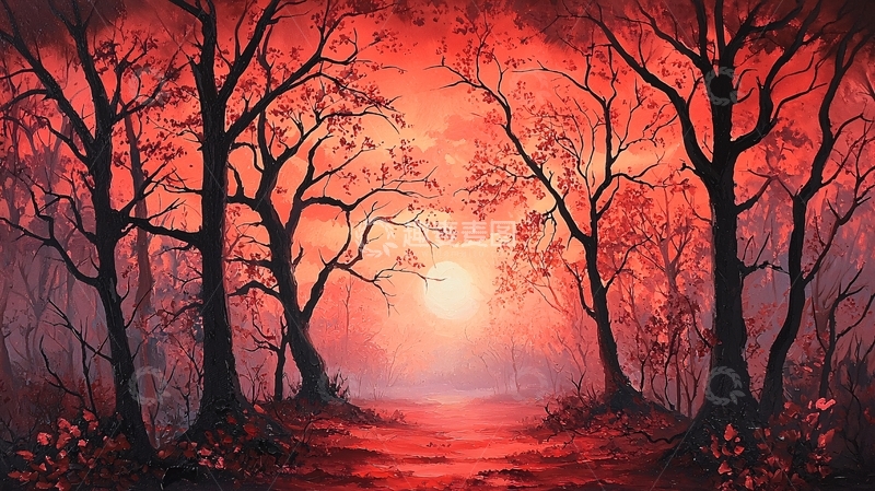高清大图下载【趣麦麦图】红色森林日落景观