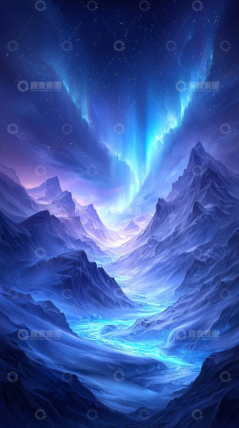 高清大图下载【趣麦麦图】梦幻极光山谷夜景