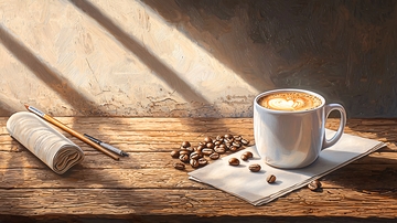 阳光下的咖啡和卷轴