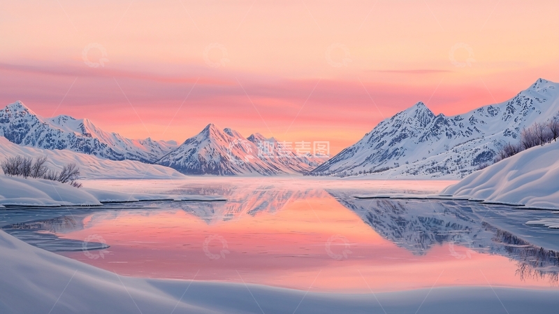 高清大图下载【趣麦麦图】雪山湖泊粉色天空倒影