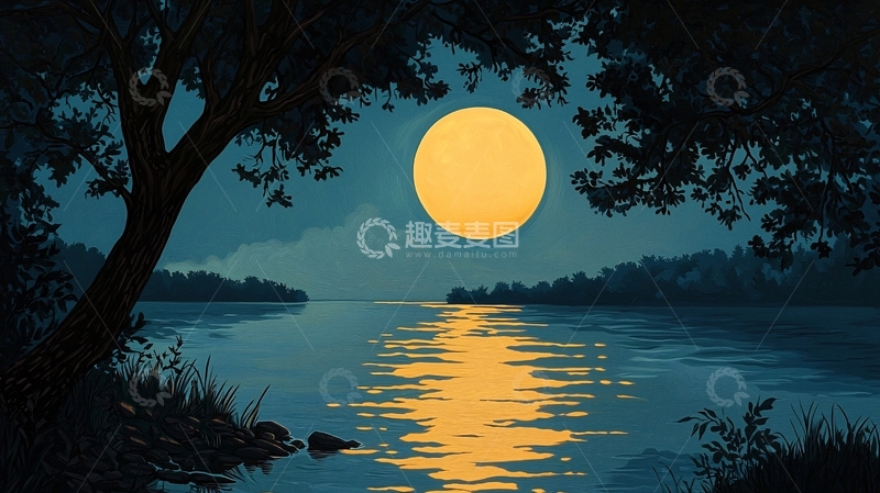 高清大图下载【趣麦麦图】宁静湖面上的满月