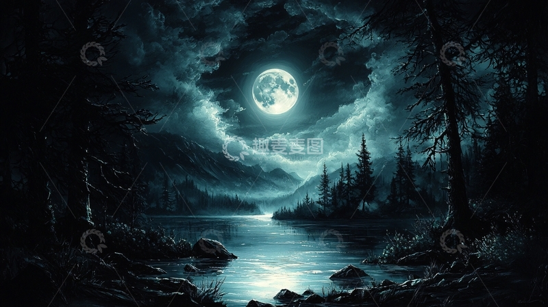 高清大图下载【趣麦麦图】月夜湖畔森林