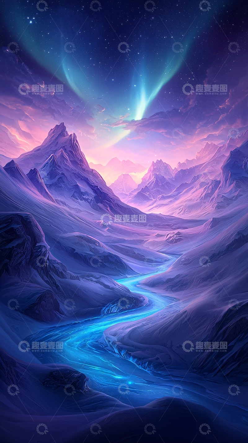 高清大图下载【趣麦麦图】梦幻极光山谷夜景