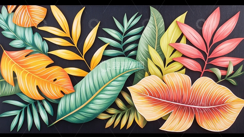 高清大图下载【趣麦麦图】彩色热带叶片背景图案