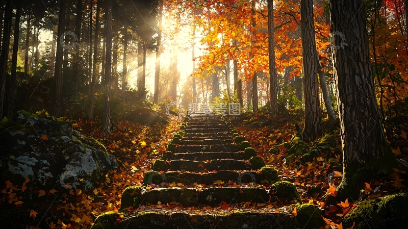 高清大图下载【趣麦麦图】秋日阳光洒在森林步道上