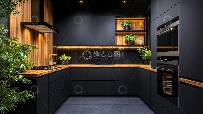 高清大图下载【趣麦麦图】黑色木质现代厨房