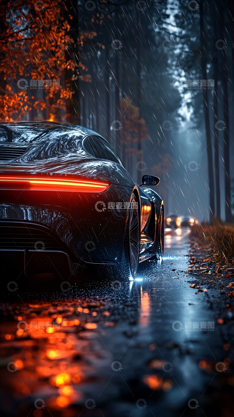 高清大图下载【趣麦麦图】雨夜公路上的跑车