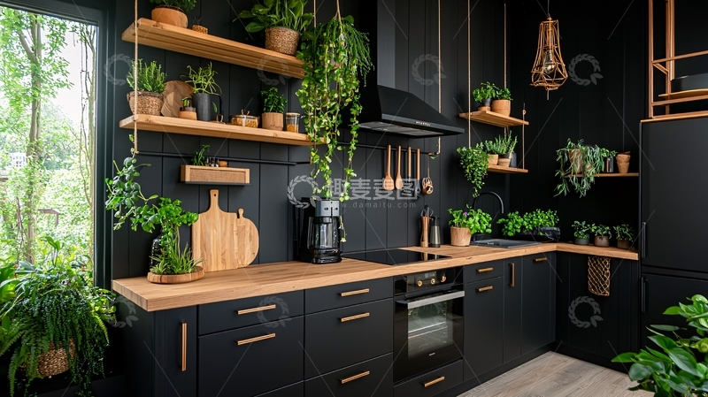 高清大图下载【趣麦麦图】黑色厨房绿植装饰