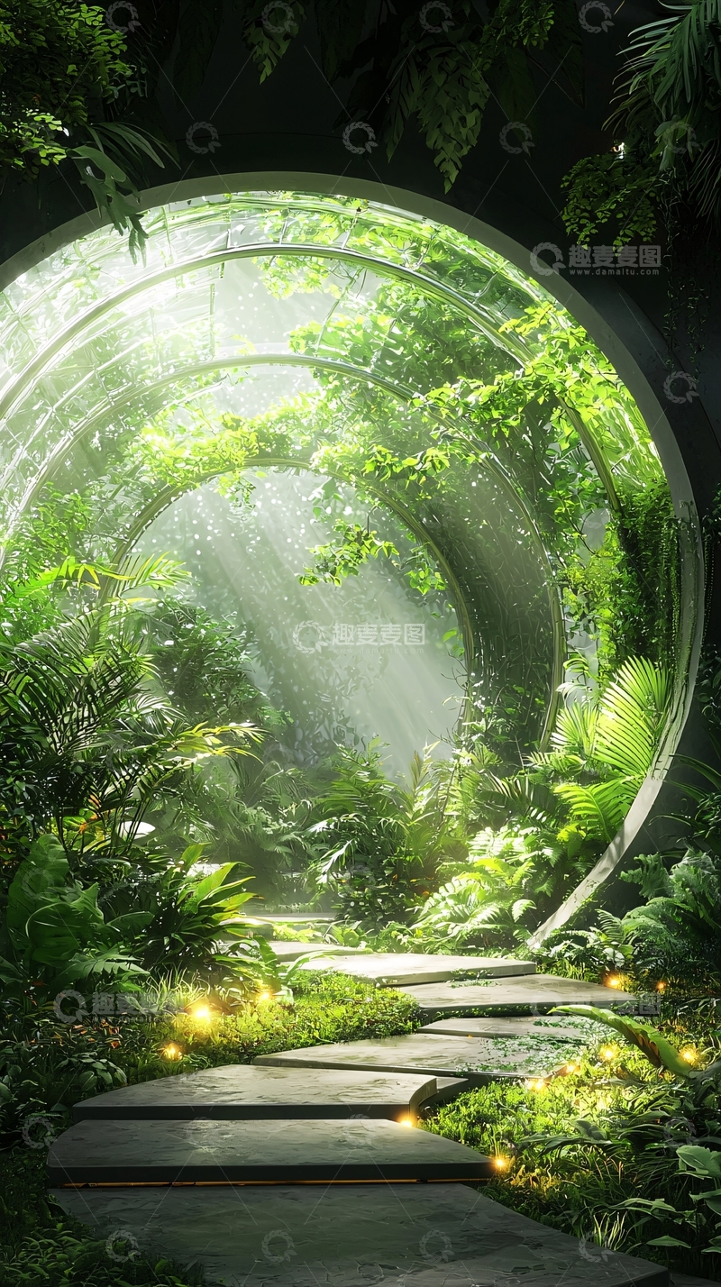 高清大图下载【趣麦麦图】圆形门通向绿色植物