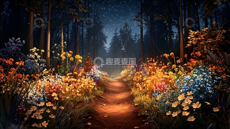 高清大图下载【趣麦麦图】梦幻森林小路鲜花盛开