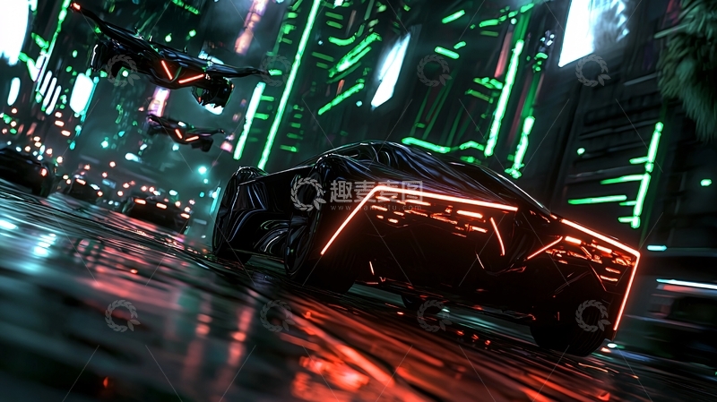 高清大图下载【趣麦麦图】未来城市夜景中的赛博朋克跑车