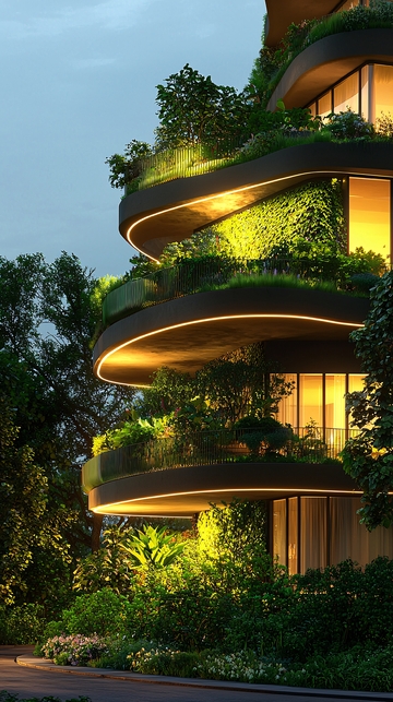 绿色植物环绕的未来建筑