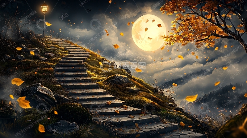 高清大图下载【趣麦麦图】月夜下的阶梯通向远方
