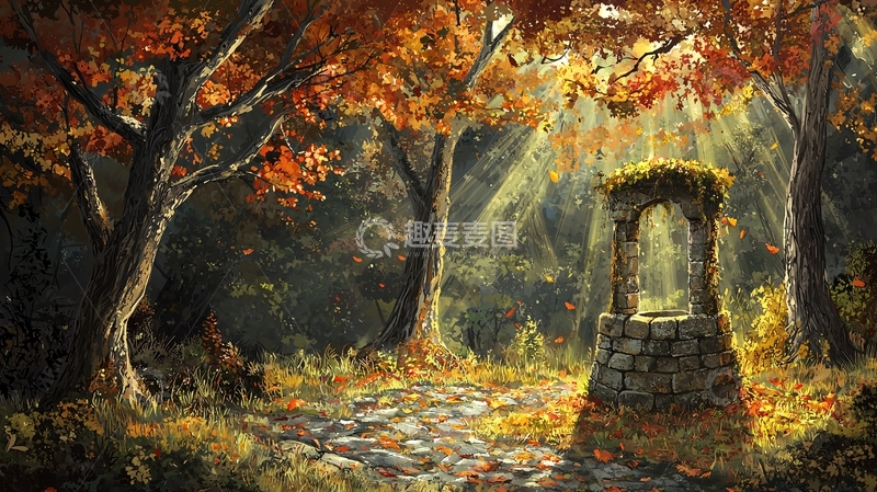高清大图下载【趣麦麦图】秋日森林中的古老石井