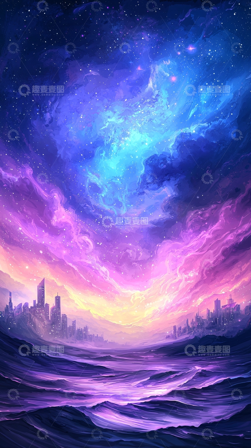 高清大图下载【趣麦麦图】梦幻星空下的城市剪影