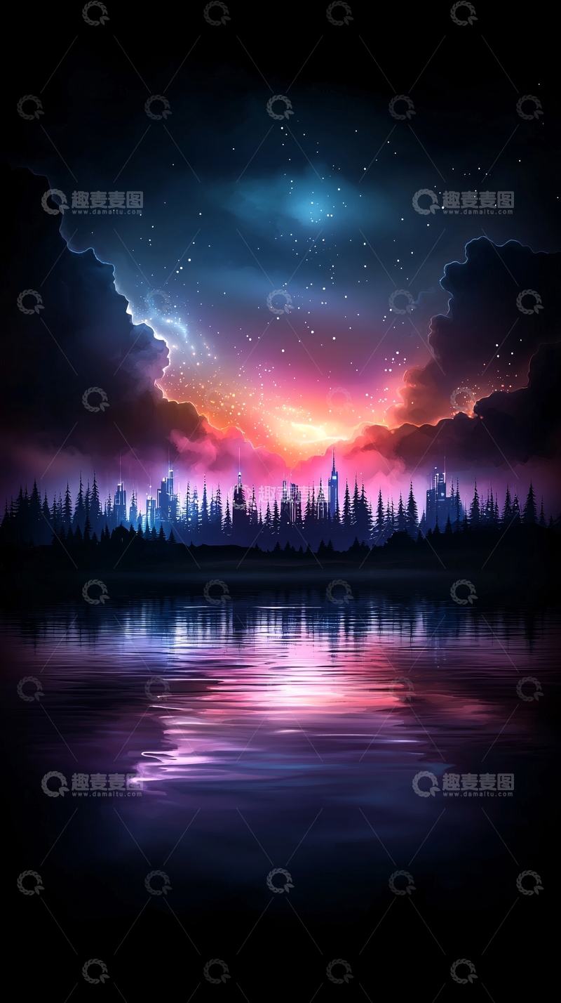高清大图下载【趣麦麦图】梦幻星空下的城市剪影