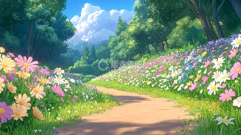 高清大图下载【趣麦麦图】鲜花盛开的林间小路