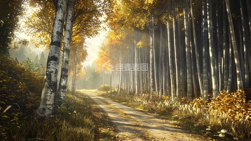 高清大图下载【趣麦麦图】秋日阳光下的白桦林小路