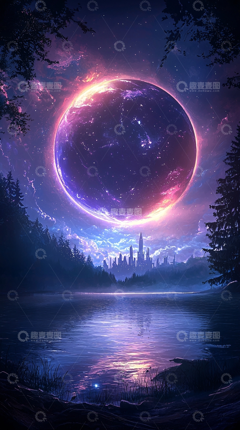 高清大图下载【趣麦麦图】紫色星空下的湖面