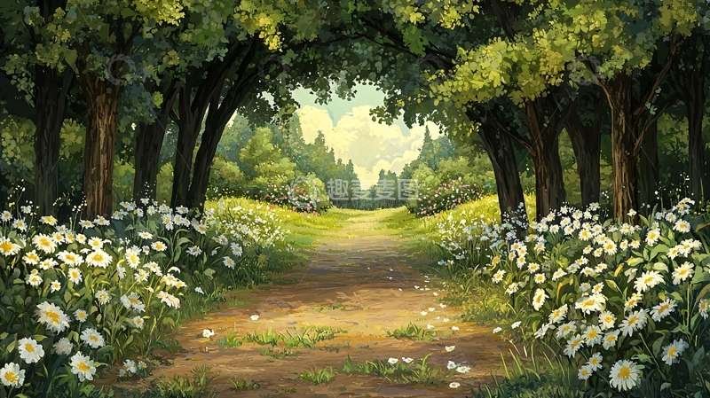 高清大图下载【趣麦麦图】林间小路鲜花盛开