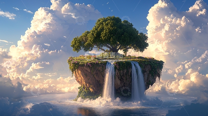 高清大图下载【趣麦麦图】漂浮岛屿上的树和瀑布