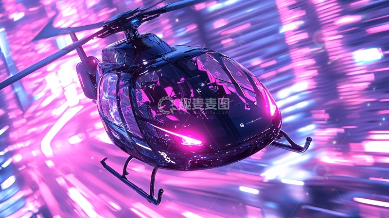 高清大图下载【趣麦麦图】未来城市霓虹灯下的直升机